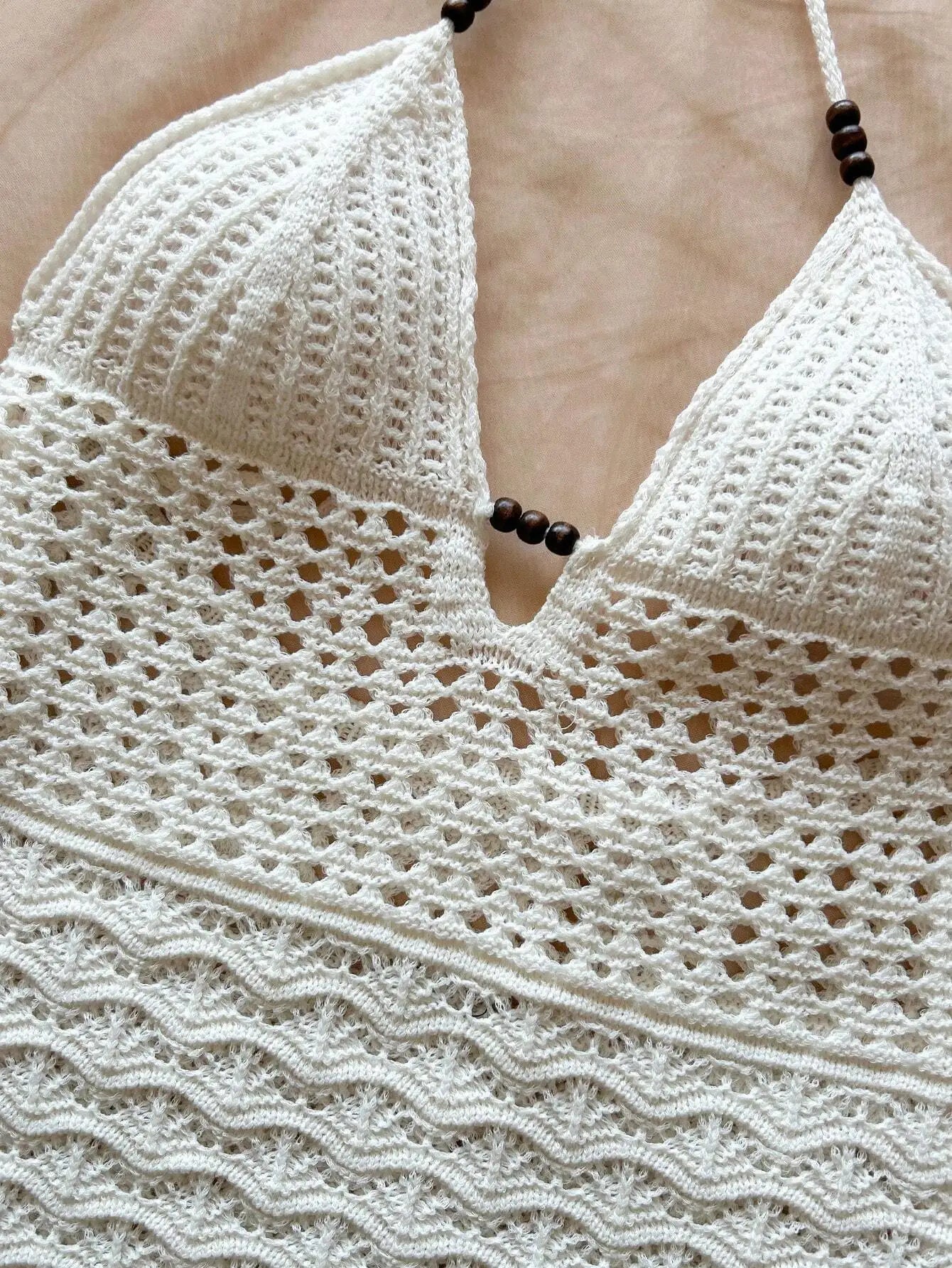 Soleia Summer Sexy V-Neck Hollow-Out Wooden Beads Fitted Dress, Vacation Spaghetti Strap Backless Ombre Knitted Dress, Suitable