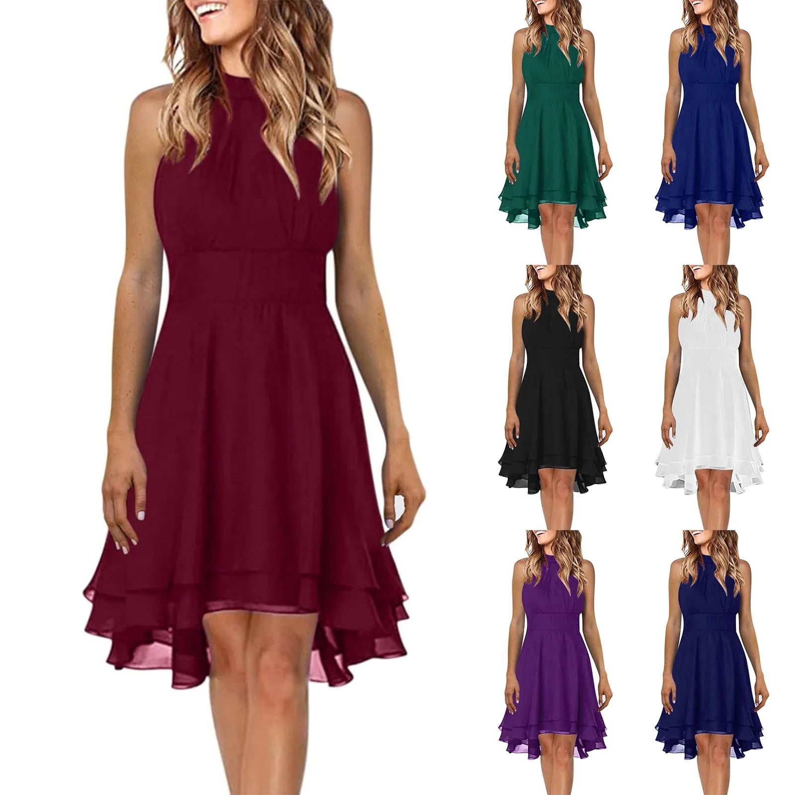 Women's Sleeveless Chiffon High-Waist Layered Halter Dress