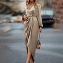 Women's 2025 new long dress; elegant round-neck silk satin long sleeves; midi dress for ladies; sexy dress; street fashionbe.