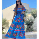 2024 Spring/Summer New Women Retro Fashion One Shoulder Red Flower Printed Waist Collection Long Style Large Swing Casual Dress