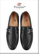 Piergitar Black Napa Calfskin Men Loafers Luxury Brand Same Style Customized Metal Buckles With Letter "H" Formal Leather Shoes