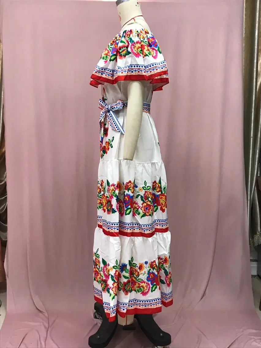2024 Spring/Summer New Women Retro Fashion One Shoulder Red Flower Printed Waist Collection Long Style Large Swing Casual Dress