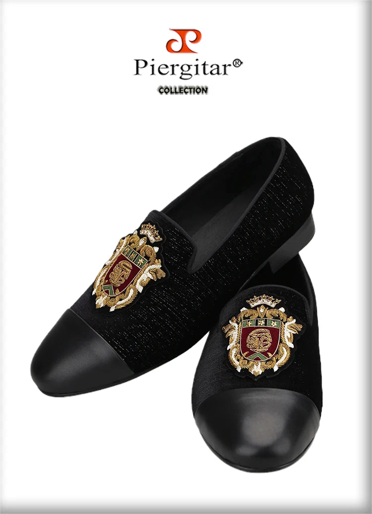 Piergitar 2022 New British Style Retro Embroidered Patch Men's Loafers Handmade Leather Stitching Velvet Moccasins Slip-On Shoes