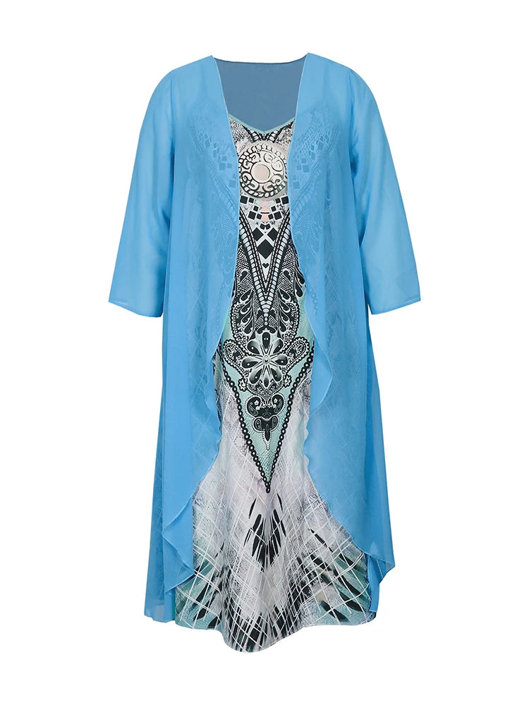 Plus Size Casual Dress Sets Solid Open Front and Graphic Printed Dress Sets Women's Plus Size Clothing