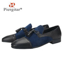 Piergitar 2023SS Navy Suede And Black Calfskin Leather Slippers With Handmade Tassels Italian Design Classic Men's Loafers