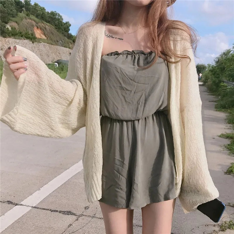 Women Women's Korean College Style Lazy Loose Sunscreen Cardigan Summer Sexy Knitting Cardigan One Size