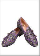 Men's slip-on monk shoes with gold buttons and a violet color silk heart jacquard, made by hand.
