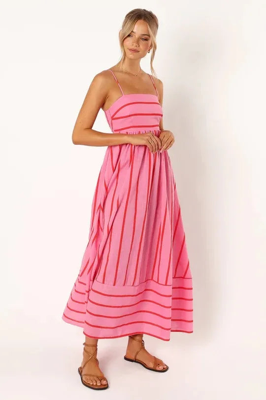 Spring And Summer Striped Vest Backless Large Swing New Dress For Women, Collarless And Sleeveless Oversized Swing Dress