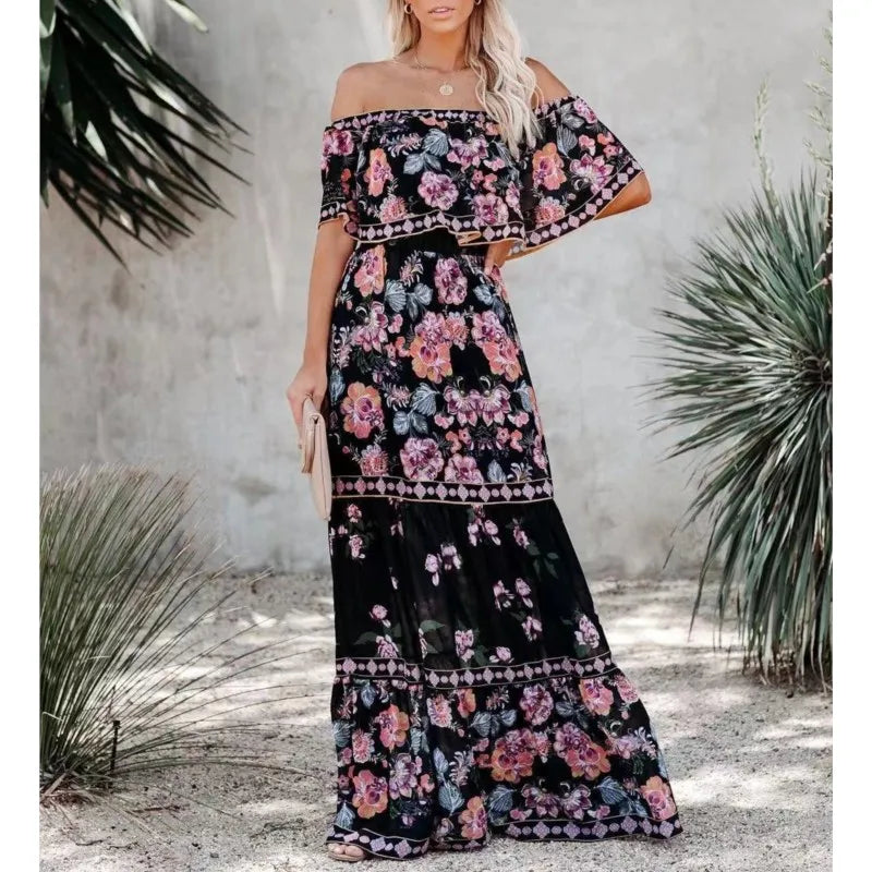 2024 Spring/Summer New Women Retro Fashion One Shoulder Red Flower Printed Waist Collection Long Style Large Swing Casual Dress
