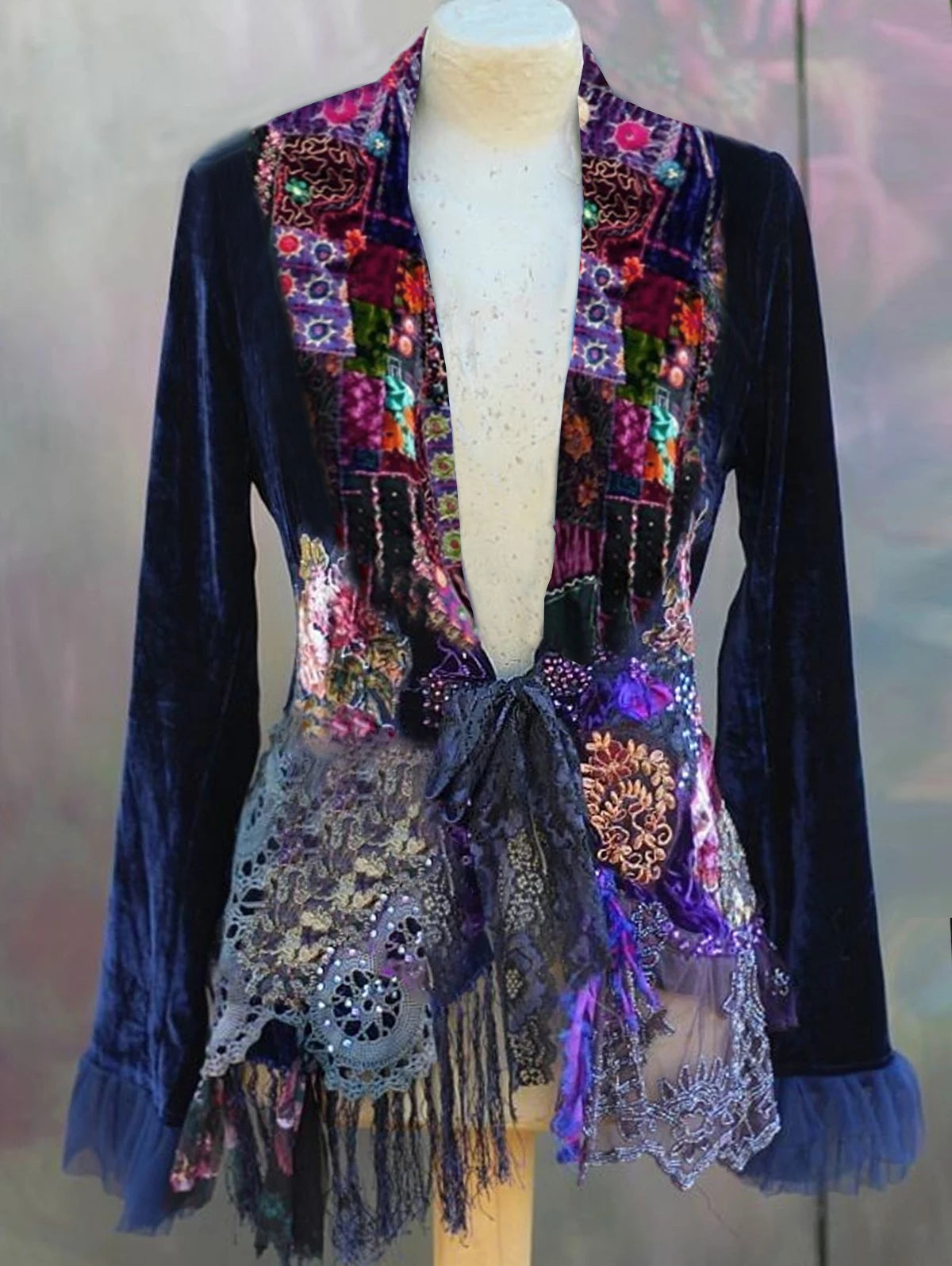 2024 Contrast Chic Buttons Velvet Jacket Women Vintage Patchwork Guipure Lace Bowknot Design Asymmetric Loose Long Sleeves Tops