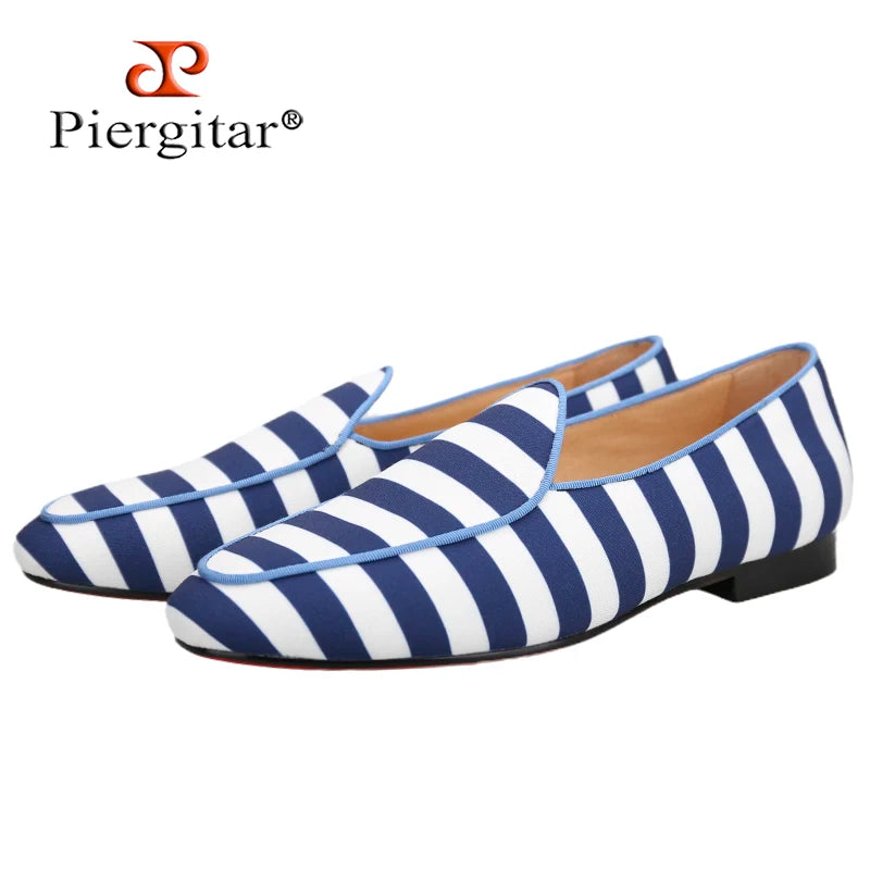 Piergitar 2022 New Arrival Blue And White Stripes Canvas Men Loafers For Party And Prom Handmade Male Slip-On Flats Red Bottom