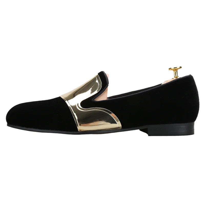 Piergitar Handmade Men Velvet Shoes With Across Gold Metal Buckles For Formal Suit Wear Fashion Party Slip-On Loafers Plus SIze