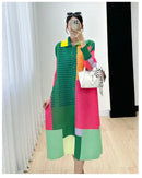 Miyake Women's Color Matching Dress, Autumn and Winter New Fashion Print Pleats, Medium Length, Loose Length Skirt