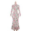 Temperament long sleeve slim long printed dress women's new autumn fashion elegant long dress