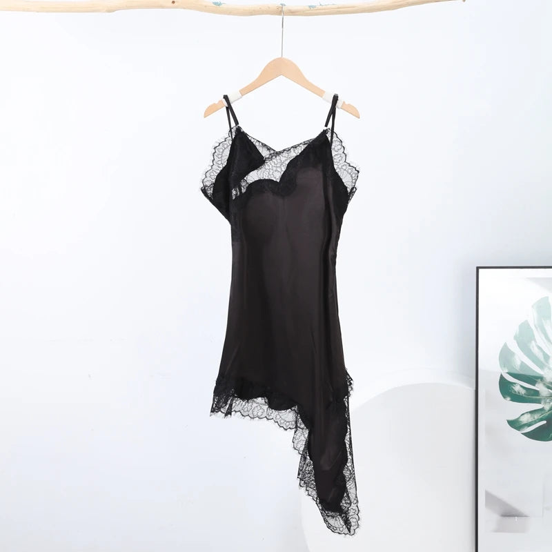 Sexy Sling Dress Women V Neck Hollow Out Backless Patchwork Lace