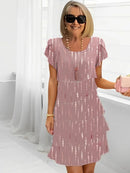 2025 Spring Chic Floral Print Chiffon Dress Woman Elegant Crew Neck Tierred Pleated Dress Summer Short Sleeve A-Line Party Dress