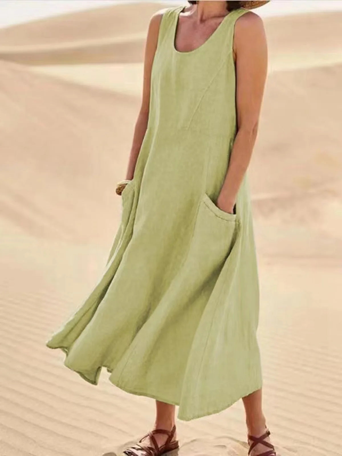 Women Linen Sundress Summer Female Sleeveless Double Big Pocket Loose Sand Beachwear Long Dress Oversized