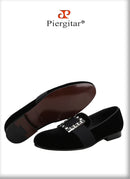 Piergitar Black And Silver Rhinestones Square Buckles Men Velvet Shoes For Wedding Or Party Handmade Slip-On Loafers Plus Size
