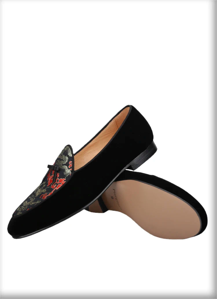 New Black Velvet Thread Dragon Print Satin Belgian Loafers for Men with Leather Tie Handcrafted Moccasin