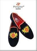Piergitar British Style Embroidery Navy Velvet Shoes With Gold Outsole Handmade Men Loafers Slip-On Smoking Slippers For Party