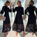 Spring New French Lace Standing Neck Bubble Sleeves Wrapped Waist for Slimming Dress, Elegant European and American Long Dress