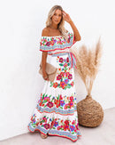 2024 Spring/Summer New Women Retro Fashion One Shoulder Red Flower Printed Waist Collection Long Style Large Swing Casual Dress