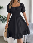 2024 New Fashion Solid Puff Sleeve Square Neck Ruched Bust Ruffle Hem Wasit Dress, Women's Clothing