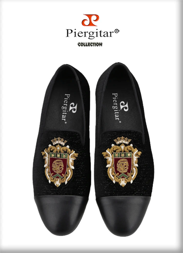 Piergitar 2022 New British Style Retro Embroidered Patch Men's Loafers Handmade Leather Stitching Velvet Moccasins Slip-On Shoes