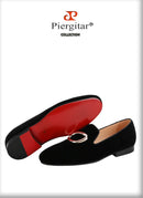 Piergitar Black Velvet Classic Men's Loafers For Fashion Party And Wedding Circle Metal Buckles Slip-On Flats Red Color Outsoles
