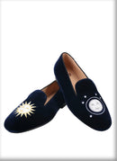 Handmade Mens Smoking Slippers with Classic Sun And Moon Embroidery for Fashion Party Loafers Leather insole