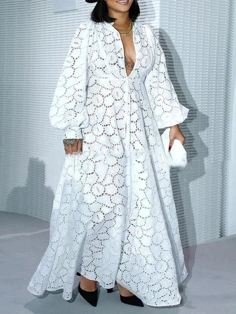 White Long Hollow Dress