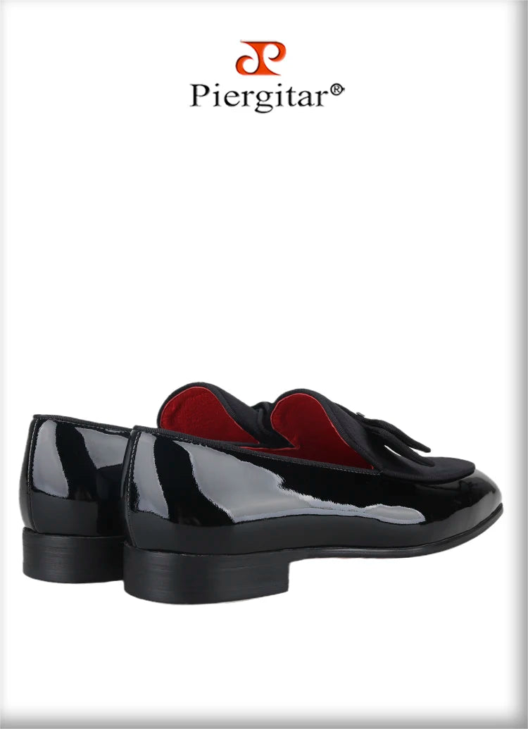 Piergitar Black Patent Leather Patchwork Velvet Men's Loafers Handmade Bow Tie Moccasins British Classic Style Smoking Slippers