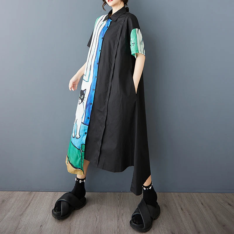 Women Long Shirt Type Dress Button Down Big Size Maxi Dress Oversized Asymmetric Robe Vestidos Para Mujer Kaftan Patchwork Dress