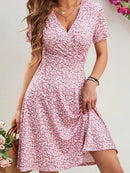 Floral Print Mini Dress Short Sleeve Midi Skirt Women's Fashion Spring Summer V Neck Polyester Fiber Regular Waistline Dress