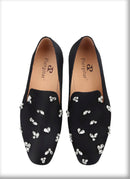 The same design red outsole moccasins with a smooth black crepe satin men's loafer.