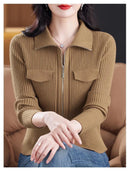 Spring Autumn Women Knitted Sweater Cardigan Short Jacket 2025 New Korean Fashion Zipper Solid Turn-Down Knit Coat Female Tops