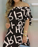 3XL Women's Casual Gradient Off Shoulder Short Sleeve Dress Bow Print Mini Dress