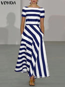 Stripe Maxi Dress VONDA Women Sexy Off Shoulder Printed Sundress 2024 Elegant Casual Loose Short Sleeve Robe Bohemian Vestidos