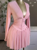 Women's Short Skirt Mini dress Ruched Lantern Sleeve
