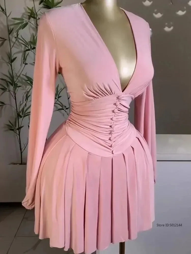 Women's Short Skirt Mini dress Ruched Lantern Sleeve