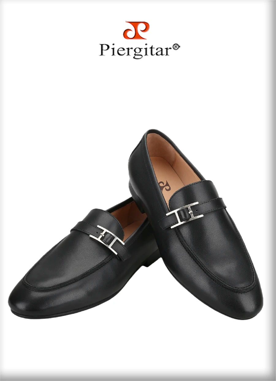 Piergitar Black Napa Calfskin Men Loafers Luxury Brand Same Style Customized Metal Buckles With Letter "H" Formal Leather Shoes