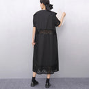 Lace Joined Loose Fit Korean Style Woman 2025 Summer Round Neck Short-Sleeve Black Pullover Dress Gorgeous Big Size Robe JKXD008
