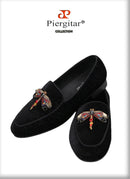 Piergitar 2022 Handmade Rhinestone Sequin Dragonfly Embroidered Patch Men's Loafers British Style Retro Moccasins Slip-On Shoes