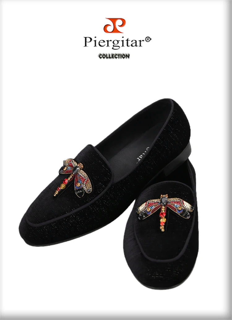 Piergitar 2022 Handmade Rhinestone Sequin Dragonfly Embroidered Patch Men's Loafers British Style Retro Moccasins Slip-On Shoes