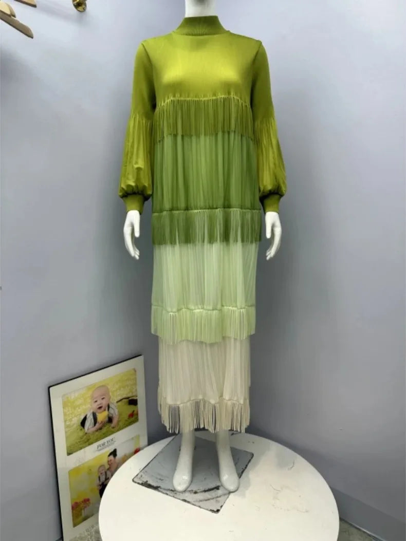 Women's Pleated Puff Sleeve Tassel Dress