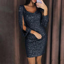 Women Mini Dress Glitter V Neck Hollow Out Tassel Long Sleeve Bodycon Gown Sexy Hip High Waist Dress Women Elegant Party dress