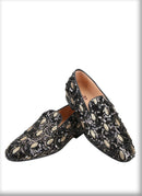 Mens smoking slippers handmade with leather insoles and gold and black glitter beads