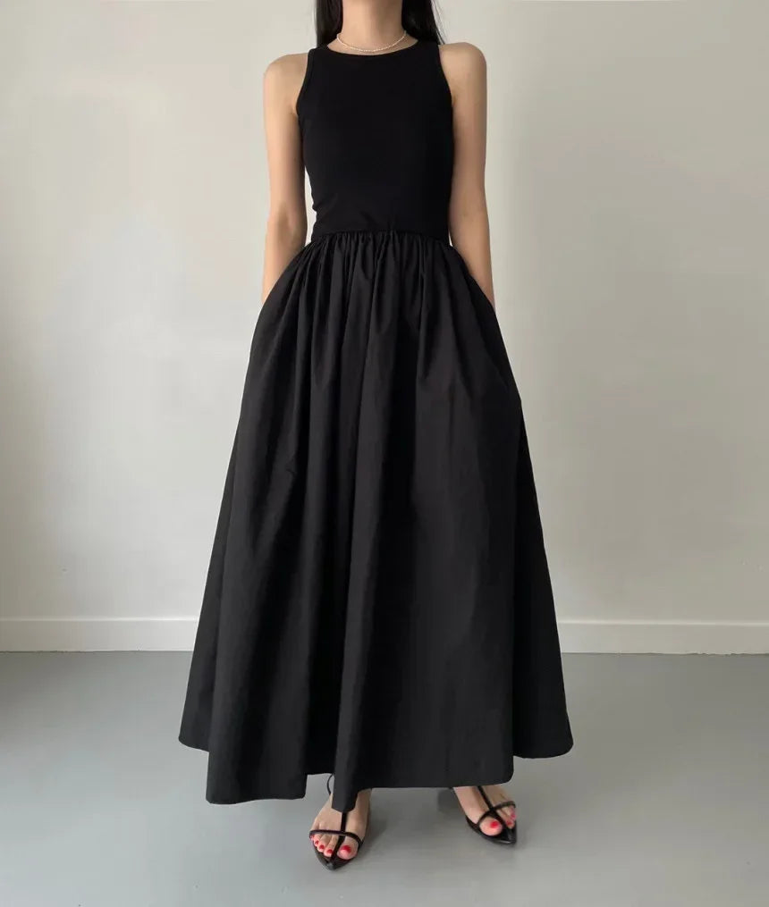 Simple Elegant Long Black Dresses For Woman Round Neck Sleeveless Low Waist