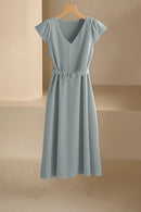 2024 Spring Summer Women's V-Neck Midi Dress Soft Stretch Office Casual Chic Solid Color No Belt Included