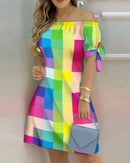 3XL Women's Casual Gradient Off Shoulder Short Sleeve Dress Bow Print Mini Dress